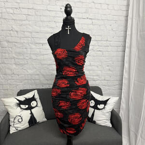 Y2K Dynamite black red sleeveless ruched bodycon dress with sheer lace back M